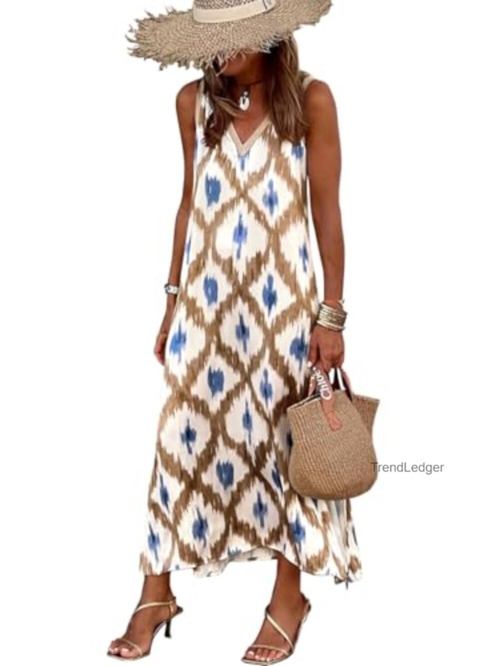 Womens V-Neck Sleeveless Floral Maxi Dress with Side Split